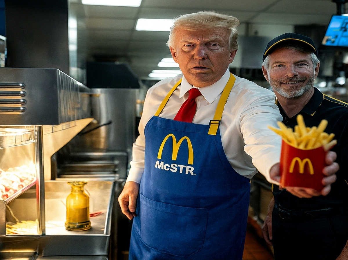 McSRT crew in a fast-food kitchen handing over a carton of fries